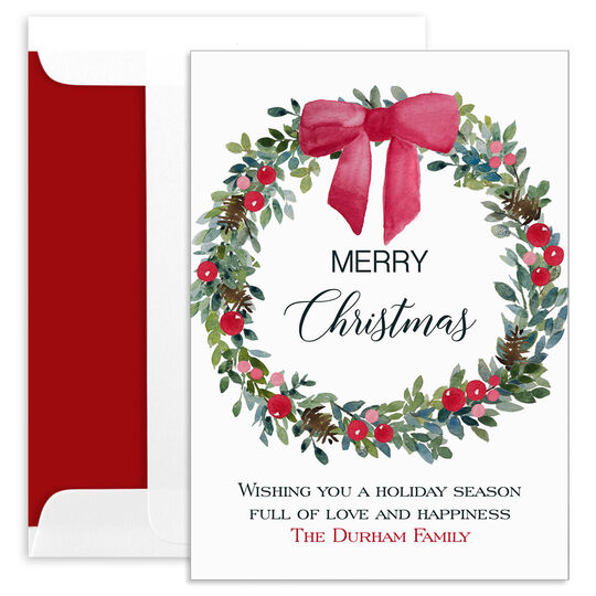 Christmas Wreath and Bow Flat Holiday Cards